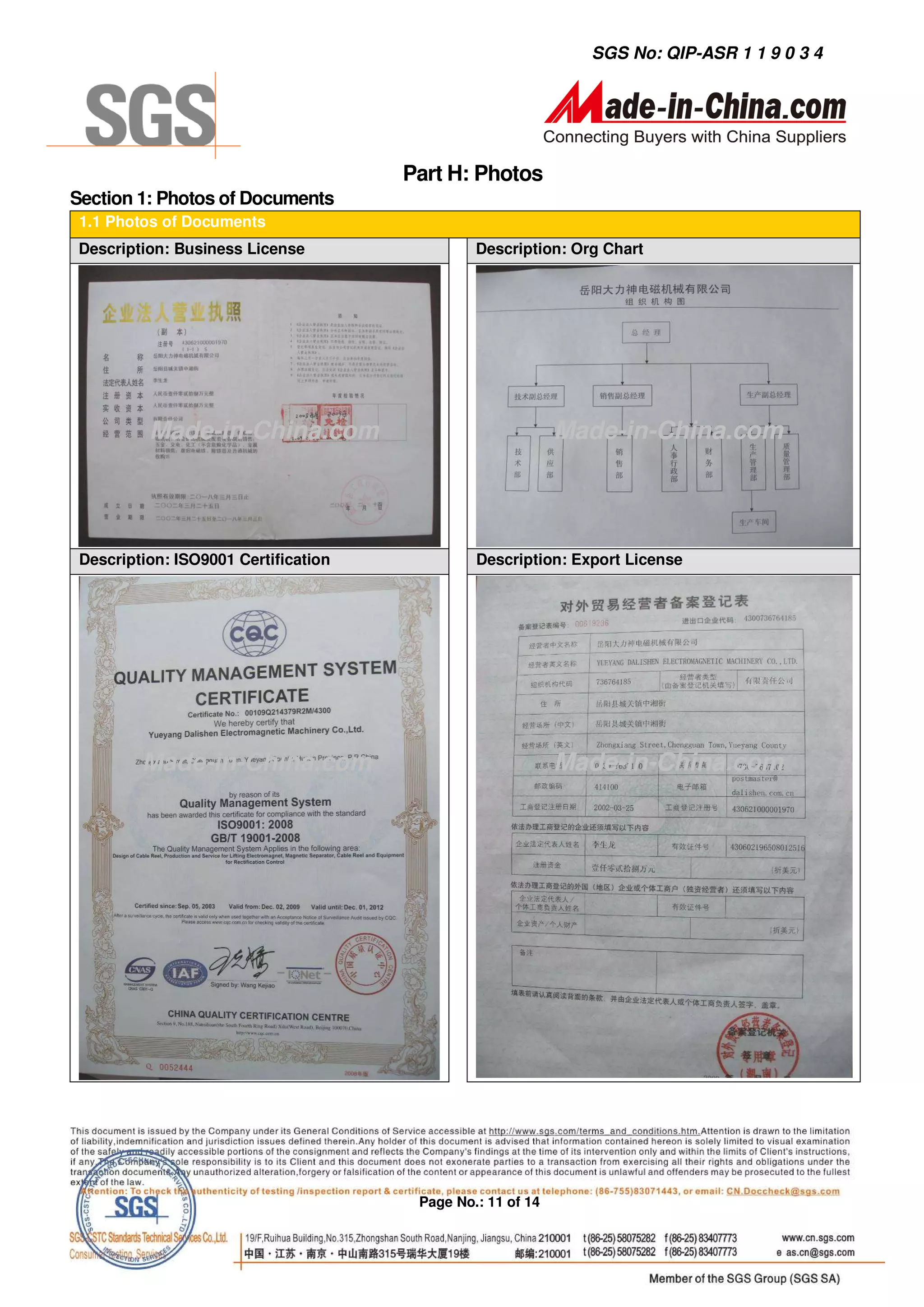 SGS No: QIP-ASR 1 1 9 0 3 4




                                      Part H: Photos
Section 1: Photos of Documents
 1.1 Photos of Documents
Description: Business License                  Description: Org Chart




          Made-in-China.com                                 Made-in-China.com




 Description: ISO9001 Certification            Description: Export License




         Made-in-China.com                                  Made-in-China.com




                                       Page No.: 11 of 14
 