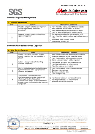 SGS No: QIP-ASR 1 1 9 0 3 4




Section 3: Supplier Management

3.1 Supplier Management
   Item                         Content                                        Observations /Comments
             Does the company establish and implement              Have the written procedures and followed records
             an effective suppliers’ assessment                    Have the written procedures but no records
    1        procedure?                                            Have relevant records without written procedure
                                                                   Have no written procedures or followed records
             Does the company have an updated list of              The approved suppliers list was updated in 2010
             approved suppliers?                                   Have the written suppliers without approved signature or
    2                                                               date.
                                                                   Provide the some suppliers names
                                                                   No approved suppliers list


Section 4: After-sales Service Capacity

4.1 After Service Capacity
   Item                        Content                                          Observations /Comments
             Is there a procedure to conduct random                Have clear standards and written inspection records
             product inspection after final packaging in           No written standards but had inspection reports
    1        place?                                                Have the procedures but no inspection records
                                                                   It’s not necessary to carry out the inspection
             Is there a clear procedure for handling               Has the clear procedure and followed records
     2       customer complaints?                                  Has the procedure but no written records.
                                                                   No written procedures or records.
             Can the finished/packaged product be traced           Have the procedures to trace the raw materials.
             by lot identification to the appropriate raw          Can trace main materials
     3       materials test reports?                               Can trace production date.
                                                                   Can’t trace products
             Are corrective & preventive actions
             mechanism established and implemented                 Has the clear procedure and followed records
             effectively (including the suppliers/
     4                                                             Has the procedure but no written records.
             sub-contractors control, incoming inspection,
             process control, final inspection and customer        No written procedures or records.
             complaint)?




                                                       Page No.: 6 of 14
 