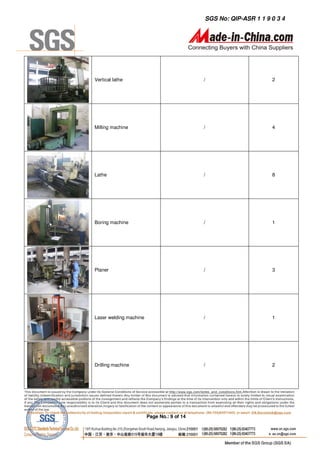 SGS No: QIP-ASR 1 1 9 0 3 4




Vertical lathe                              /                     2




Milling machine                             /                     4




Lathe                                       /                     8




Boring machine                              /                     1




Planer                                      /                     3




Laser welding machine                       /                     1




Drilling machine                            /                     2




                        Page No.: 9 of 14
 