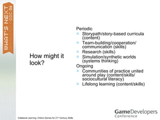 Periodic
                                                             Storypath/story-based curricula
                                                              (content)
                                                             Team-building/cooperation/
                                                              communication (skills)
                                                             Research (skills)
            How might it                                     Simulation/synthetic worlds
                                                              (systems thinking)
            look?                                           Ongoing
                                                             Communities of practice united
                                                              around play (content/skills/
                                                              sociocultural literacy)
                                                             Lifelong learning (content/skills)




Collateral Learning: Online Games for 21st Century Skills
 