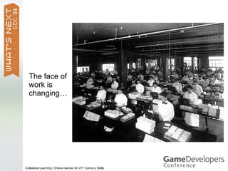 The face of
  work is
  changing…




Collateral Learning: Online Games for 21st Century Skills
 