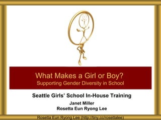 Seattle Girls’ School In-House Training
Janet Miller
Rosetta Eun Ryong Lee
What Makes a Girl or Boy?
Supporting Gender Diversity in School
Rosetta Eun Ryong Lee (http://tiny.cc/rosettalee)
 