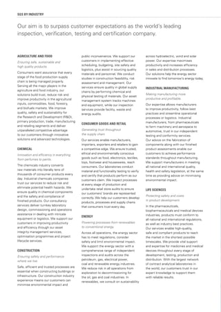 SGS BY INDUSTRY
AGRICULTURE AND FOOD
Ensuring safe, sustainable and
high quality products.
Consumers want assurance that every
stage of the food production supply
chain is being managed properly.
Serving all the major players in the
agriculture and food industry, our
solutions build trust, reduce risk and
improve productivity in the agricultural
inputs, commodities, food, forestry,
and biofuels markets. We improve
quality, safety and sustainability for
the Research and Development (R&D),
primary production, trade, manufacturing
and retailing segments and deliver
unparalleled competitive advantage
to our customers through innovative
solutions and advanced technologies.
CHEMICAL
Innovation and efficiency in everything
from perfumes to paints.
The chemicals industry converts
raw materials into literally tens of
thousands of consumer products every
day. Industrial chemicals companies
trust our services to reduce risk and
eliminate potential health hazards. We
ensure quality in chemical components
and the safety and compliance of
finished products. Our consultancy
services deliver turnkey laboratory
design, commissioning and operations
assistance in dealing with intricate
equipment or logistics. We support our
customers in improving productivity
and efficiency through our asset
integrity management services,
optimisation programmes and project
lifecycle services.
CONSTRUCTION
Ensuring safety and performance
where we live.
Safe, efficient and trusted processes are
essential when constructing buildings or
infrastructure. Our construction industry
experience means our customers can
minimise environmental impact and
public inconvenience. We support our
customers in implementing effective
scheduling, budgeting, site safety and
logistics, plus assist in sourcing quality
materials and personnel. We conduct
studies in construction feasibility, risk
assessment and management. Our
services ensure quality in global supply
chains by performing chemical and
physical testing of materials. Our asset
management system tracks machines
and equipment, while our inspection
services provide facility, waste and
energy audits.
CONSUMER GOODS AND RETAIL
Generating trust throughout
the supply chain.
Our services enable manufacturers,
importers, exporters and retailers to gain
a competitive edge. We ensure trusted,
ethical and environmentally conscious
goods such as food, electronics, textiles,
toys, footwear and housewares, reach
consumers. Our laboratories conduct
material and functionality testing to verify
and certify that products perform as our
customers claim. We inspect processes
at every stage of production and
undertake retail store audits to ensure
our customers’ brands are represented
correctly. We help our customers develop
products, processes and supply chains
that consumers trust every day.
ENERGY
Powering processes from renewables
to conventional energy.
Across all operations, the energy sector
has to meet regulations, consider
safety and limit environmental impact.
We support the energy sector with a
comprehensive range of independent
inspections and audits across the
petroleum, gas, electrical power,
coal and renewable energy industries.
We reduce risk in all operations from
exploration to decommissioning for
the oil, gas and coal industries. In
renewables, we consult on sustainability
across hydroelectric, wind and solar
power. Our expertise maximises
productivity and increases efficiency
in sales and distribution processes.
Our solutions help the energy sector
innovate to find tomorrow’s energy today.
INDUSTRIAL MANUFACTURING
Making manufacturing more
productive and profitable.
Our expertise allows manufacturers
to improve productivity, follow best
practices and streamline operational
processes or logistics. Industrial
manufacturers, from pharmaceuticals
to farm machinery and aerospace to
automotive, trust in our independent
testing and conformity services.
Our advice on the fabrication of
components along with our finished
product assessments enable our
customers to achieve performance
standards throughout manufacturing.
We support manufacturers in meeting
all national and international quality,
health and safety legislation, at the same
time as providing advice on minimising
environmental impact.
LIFE SCIENCES
Protecting safety and costs
in product development.
In the pharmaceuticals,
biopharmaceuticals and medical devices
industries, products must conform to
all national and international regulations,
as well as industry best practices.
Our services enable high-quality,
safe and compliant products to reach
the market in the shortest possible
timescales. We provide vital support
and expertise for medicines and medical
devices throughout every stage of
development, testing, production and
distribution. With the largest network
of contract analytical laboratories in
the world, our customers trust in our
expert knowledge to support them
with reliable results.
Our aim is to surpass customer expectations as the world’s leading
inspection, verification, testing and certification company.
 