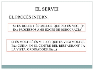 EL SERVEI EL PROCÉS INTERN  SI ÉS DOLENT ÉS MILLOR QUE NO ES VEGI (P. Ex.: PROCESSOS AMB EXCÉS DE BUROCRÀCIA)  SI ÉS MOLT BÉ ÉS MILLOR QUE ES VEGI MOLT (P. Ex.: CUINA EN EL CENTRE DEL RESTAURANT I A LA VISTA, ORDINADORS, Etc...)  