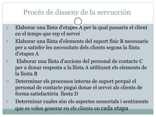 Procés de disseny de la servucción  Elaborar una llista d'etapes A per la qual passaria el client en el temps que rep el servei  Elaborar una llista d'elements del suport físic B necessaris per a satisfer les necessitats dels clients segons la llista d'etapes A Elaborar una llista d'accions del personal de contacte C per a donar resposta a la llista A utilitzant els elements de la llesta B Determinar els processos interns de suport perquè el personal de contacte pugui donar el servei als clients de forma satisfactòria  llesta D  Determinar cuales són els aspectes sensorials i sentiments que es volen generar en els clients en  cada etapa  