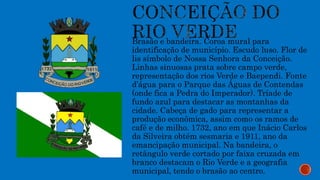 Brasão e bandeira. Coroa mural para
identificação de município. Escudo luso. Flor de
lis símbolo de Nossa Senhora da Conceição.
Linhas sinuosas prata sobre campo verde,
representação dos rios Verde e Baependi. Fonte
d’água para o Parque das Águas de Contendas
(onde fica a Pedra do Imperador). Tríade de
fundo azul para destacar as montanhas da
cidade. Cabeça de gado para representar a
produção econômica, assim como os ramos de
café e de milho. 1732, ano em que Inácio Carlos
da Silveira obtém sesmaria e 1911, ano da
emancipação municipal. Na bandeira, o
retângulo verde cortado por faixa cruzada em
branco destacam o Rio Verde e a geografia
municipal, tendo o brasão ao centro.
 