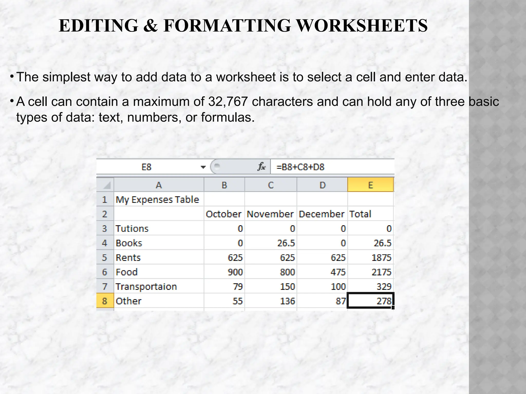EDITING & FORMATTING WORKSHEETS
• The simplest way to add data to a worksheet is to select a cell and enter data.
• A cell can contain a maximum of 32,767 characters and can hold any of three basic
types of data: text, numbers, or formulas.
 