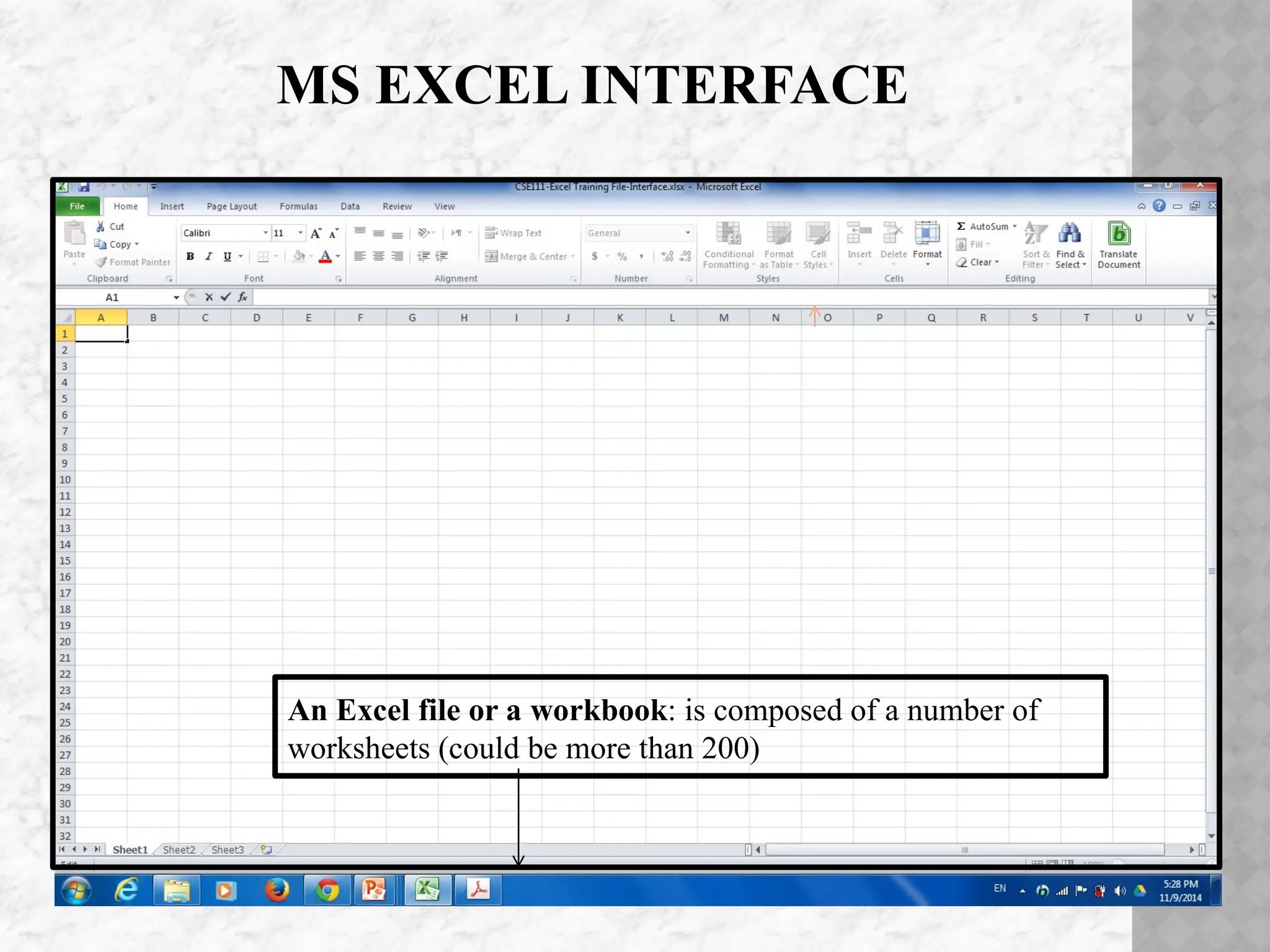 MS EXCEL INTERFACE
An Excel file or a workbook: is composed of a number of
worksheets (could be more than 200)
 