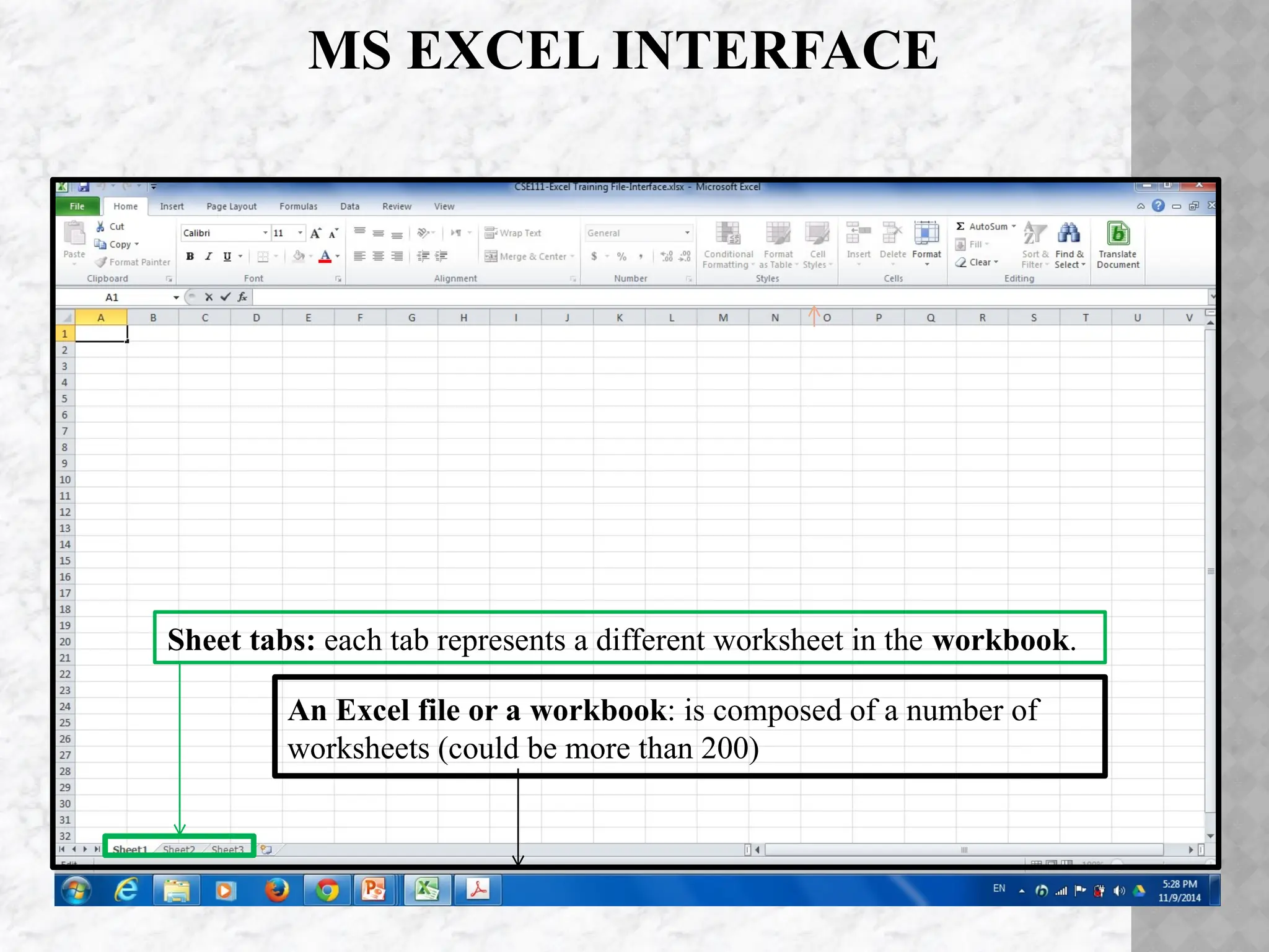 MS EXCEL INTERFACE
An Excel file or a workbook: is composed of a number of
worksheets (could be more than 200)
Sheet tabs: each tab represents a different worksheet in the workbook.
 