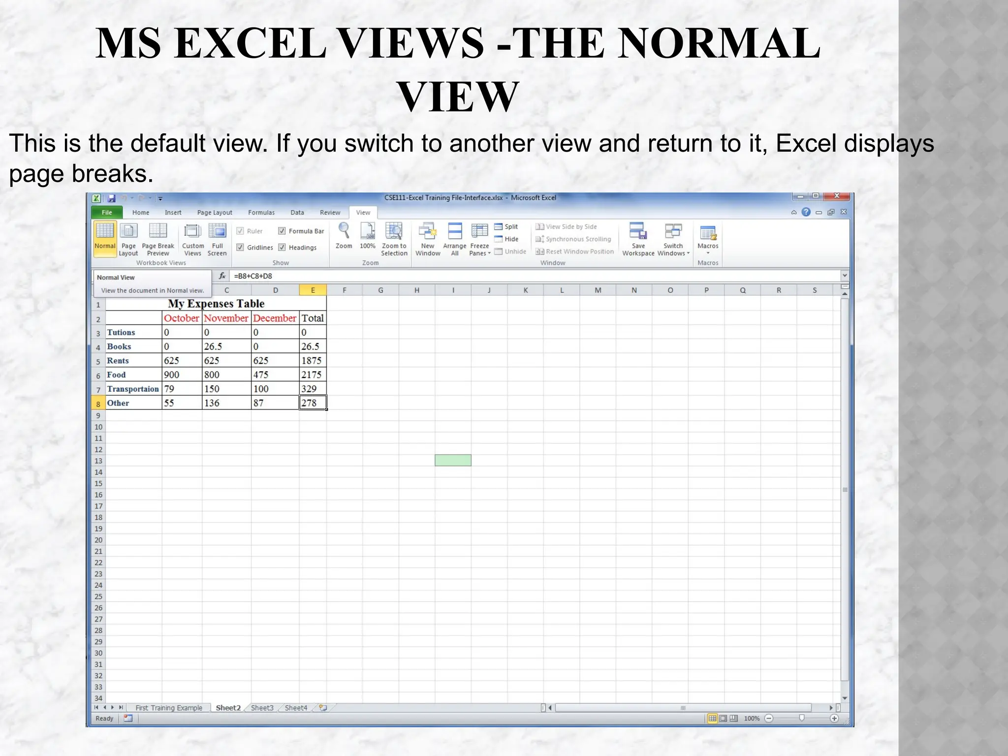 MS EXCEL VIEWS -THE NORMAL
VIEW
This is the default view. If you switch to another view and return to it, Excel displays
page breaks.
 