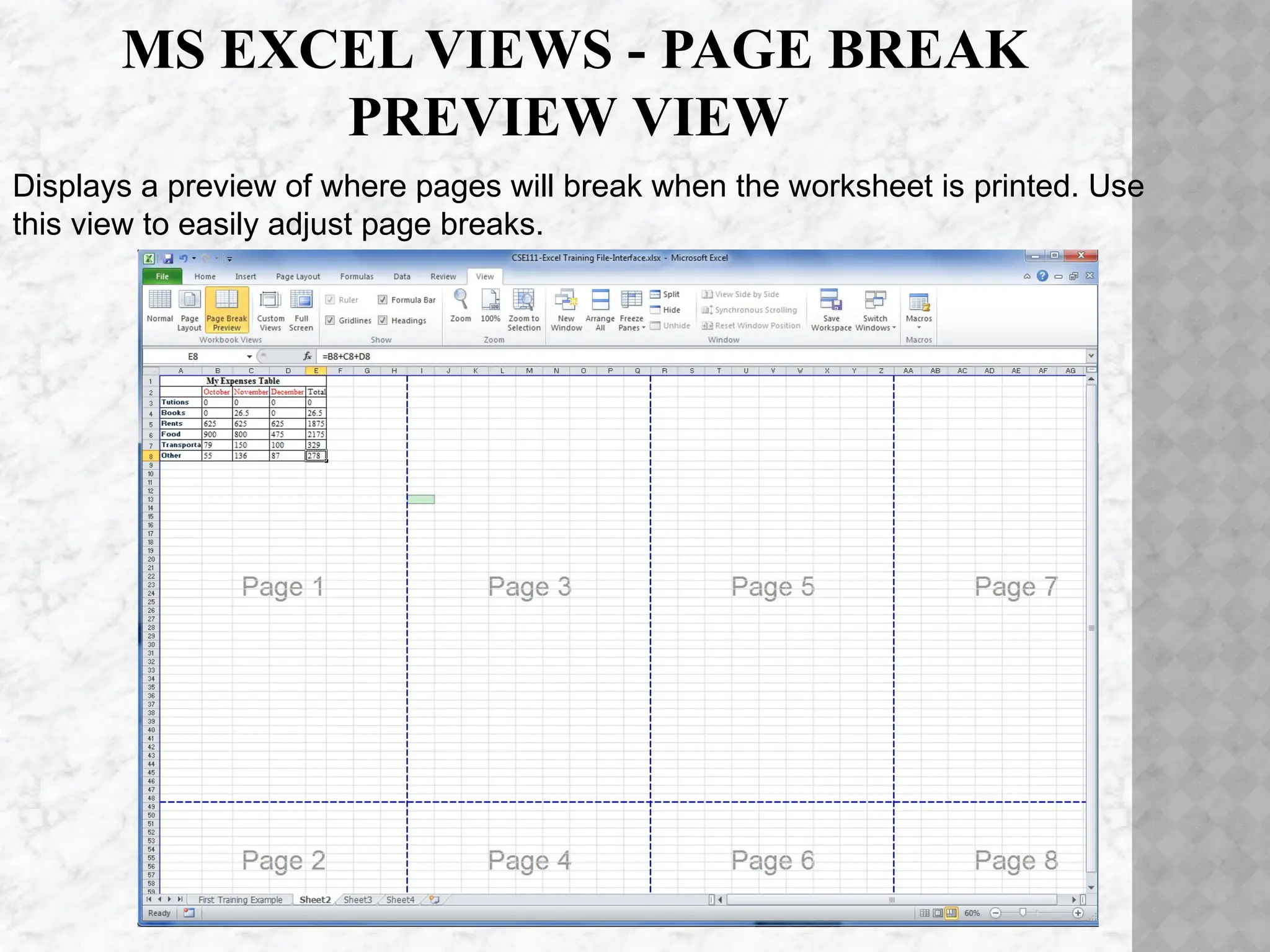 MS EXCEL VIEWS - PAGE BREAK
PREVIEW VIEW
Displays a preview of where pages will break when the worksheet is printed. Use
this view to easily adjust page breaks.
 