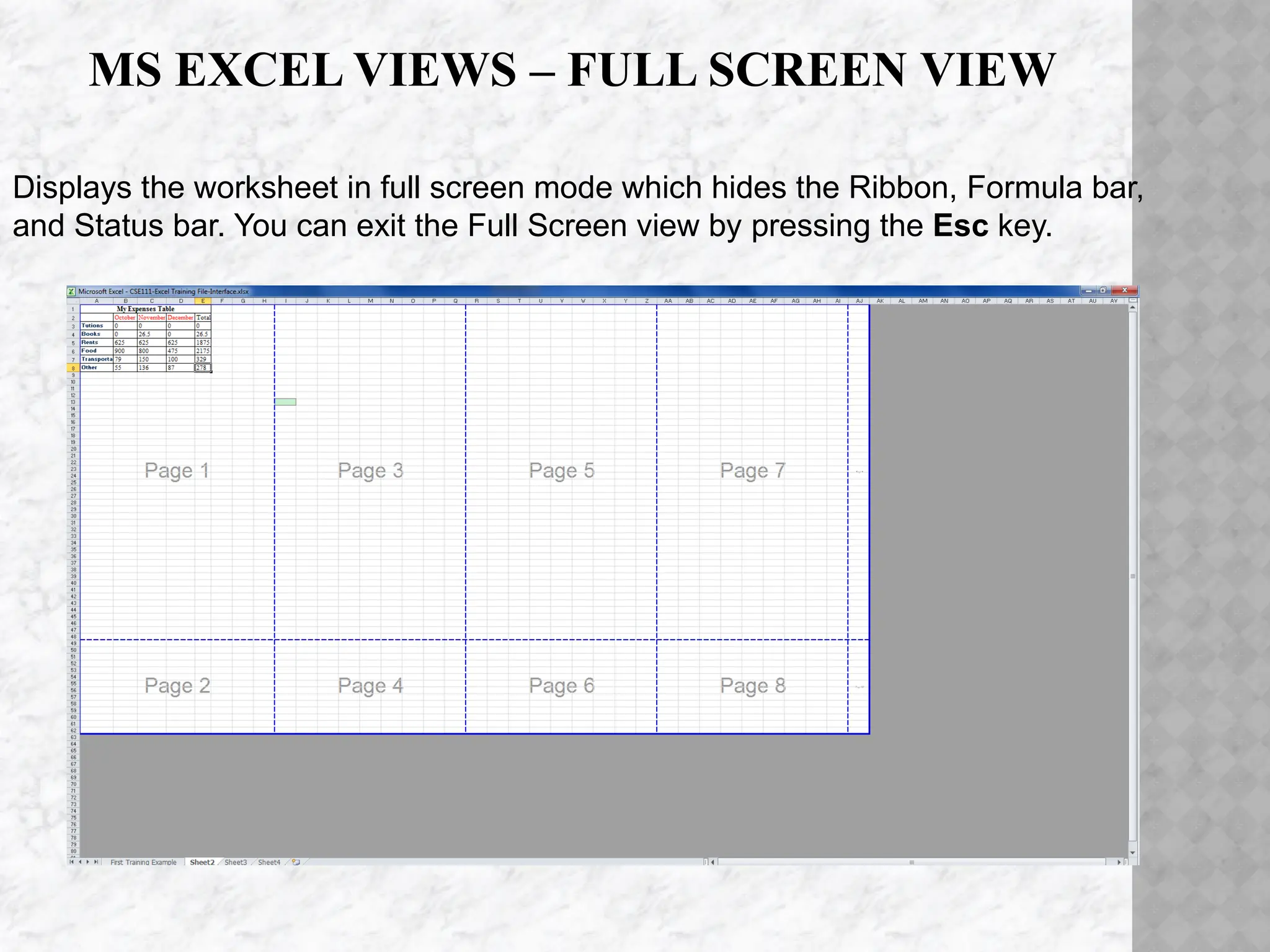 Displays the worksheet in full screen mode which hides the Ribbon, Formula bar,
and Status bar. You can exit the Full Screen view by pressing the Esc key.
MS EXCEL VIEWS – FULL SCREEN VIEW
 