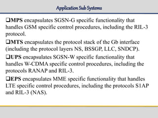 ApplicationSub Systems
MPS encapsulates SGSN-G specific functionality that
handles GSM specific control procedures, including the RIL-3
protocol.
MTS encapsulates the protocol stack of the Gb interface
(including the protocol layers NS, BSSGP, LLC, SNDCP).
UPS encapsulates SGSN-W specific functionality that
handles W-CDMA specific control procedures, including the
protocols RANAP and RIL-3.
EPS encapsulates MME specific functionality that handles
LTE specific control procedures, including the protocols S1AP
and RIL-3 (NAS).
 