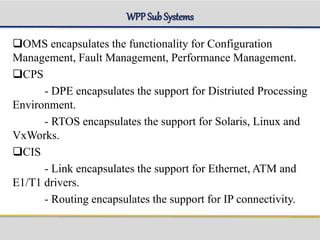 WPPSubSystems
OMS encapsulates the functionality for Configuration
Management, Fault Management, Performance Management.
CPS
- DPE encapsulates the support for Distriuted Processing
Environment.
- RTOS encapsulates the support for Solaris, Linux and
VxWorks.
CIS
- Link encapsulates the support for Ethernet, ATM and
E1/T1 drivers.
- Routing encapsulates the support for IP connectivity.
 