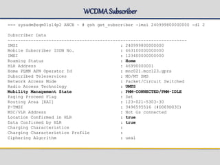 WCDMASubscriber
=== sysadm@eqm01s14p2 ANCB ~ # gsh get_subscriber -imsi 240999800000000 -dl 2
Subscriber Data
----------------------------------------------------------------------
IMSI : 240999800000000
Mobile Subscriber ISDN No. : 463100000000000
IMEI : 123400000000000
Roaming Status : Home
HLR Address : 46990000001
Home PLMN APN Operator Id : mnc021.mcc123.gprs
Subscribed Teleservices : MO/MT SMS
Network Access Mode : Packet/Circuit Switched
Radio Access Technology : UMTS
Mobility Management State : PMM-CONNECTED/PMM-IDLE
Paging Proceed Flag : Set
Routing Area [RAI] : 123-021-5303-30
P-TMSI : 3496595516 (#D069D03C)
MSC/VLR Address : Not Gs connected
Location Confirmed in HLR : true
Data Confirmed by HLR : true
Charging Characteristics :
Charging Characteristics Profile :
Ciphering Algorithm : uea1
 