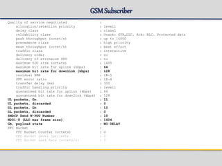 GSMSubscriber
Quality of service negotiated :
allocation/retention priority : level1
delay class : class1
reliability class : Unack: GTP,LLC. Ack: RLC. Protected data
peak throughput (octet/s) : up to 16000
precedence class : high priority
mean throughput (octet/h) : best effort
traffic class : interactive
delivery order : no
delivery of erroneous SDU : no
maximum SDU size (octets) : 1400
maximum bit rate for uplink (kbps) : 64
maximum bit rate for downlink (kbps) : 128
residual BER : 1E-5
SDU error ratio : 1E-4
transfer delay (ms) : 300
traffic handling priority : level1
guaranteed bit rate for uplink (kbps) : 64
guaranteed bit rate for downlink (kbps) : 128
UL packets, Gn : 11
UL packets, discarded : 0
DL packets, Gn : 10
DL packets, discarded : 0
SNDCP Send N-PDU Number : 10
N201-U (LLC max frame size) : 1404
Gb, payload state : NO DELAY
PFC Bucket :
PFC Bucket Counter (octets) : 0
PFC Bucket Level (percent) : 0
PFC Bucket Leak Rate (octets/s) : 0
 