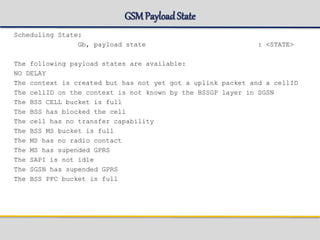 GSMPayloadState
Scheduling State:
Gb, payload state : <STATE>
The following payload states are available:
NO DELAY
The context is created but has not yet got a uplink packet and a cellID
The cellID on the context is not known by the BSSGP layer in SGSN
The BSS CELL bucket is full
The BSS has blocked the cell
The cell has no transfer capability
The BSS MS bucket is full
The MS has no radio contact
The MS has supended GPRS
The SAPI is not idle
The SGSN has supended GPRS
The BSS PFC bucket is full
 