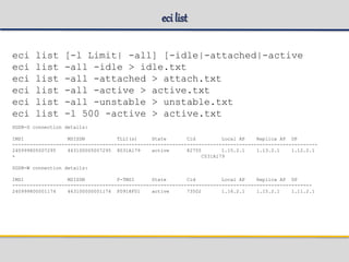 eci list
eci list [-l Limit| -all] [-idle|-attached|-active
eci list -all -idle > idle.txt
eci list -all -attached > attach.txt
eci list -all -active > active.txt
eci list -all -unstable > unstable.txt
eci list -l 500 -active > active.txt
SGSN-G connection details:
IMSI MSISDN TLLI(s) State Cid Local AP Replica AP DP
---------------------------------------------------------------------------------------------------------
240999805007295 463100005007295 8031A179 active 82755 1.15.2.1 1.13.2.1 1.12.2.1
+ C031A179
SGSN-W connection details:
IMSI MSISDN P-TMSI State Cid Local AP Replica AP DP
-------------------------------------------------------------------------------------------------------
240999800001174 463100000001174 F0918F01 active 73502 1.16.2.1 1.15.2.1 1.11.2.1
 