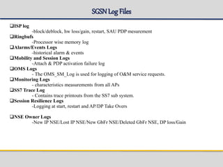 SGSNLog Files
ISP log
-block/deblock, hw loss/gain, restart, SAU PDP mesurement
Ringbufs
-Processor wise memory log
Alarms/Events Logs
-historical alarm & events
Mobility and Session Logs
-Attach & PDP activation failure log
OMS Logs
- The OMS_SM_Log is used for logging of O&M service requests.
Monitoring Logs
- characteristics measurements from all APs
SS7 Trace Log
- Contains trace printouts from the SS7 sub system.
Session Resilience Logs
-Logging at start, restart and AP/DP Take Overs
NSE Owner Logs
-New IP NSE/Lost IP NSE/New GbFr NSE/Deleted GbFr NSE, DP loss/Gain
 