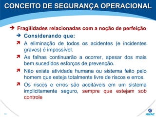  Fragilidades relacionadas com a noção de perfeição
 Considerando que:
 A eliminação de todos os acidentes (e incidentes
graves) é impossível.
 As falhas continuarão a ocorrer, apesar dos mais
bem sucedidos esforços de prevenção.
 Não existe atividade humana ou sistema feito pelo
homem que esteja totalmente livre de riscos e erros.
 Os riscos e erros são aceitáveis em um sistema
implicitamente seguro, sempre que estejam sob
controle
10
CONCEITO DE SEGURANÇA OPERACIONALCONCEITO DE SEGURANÇA OPERACIONAL
 