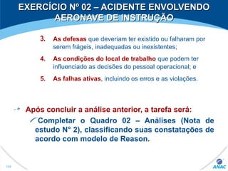 3. As defesas que deveriam ter existido ou falharam por
serem frágeis, inadequadas ou inexistentes;
4. As condições do local de trabalho que podem ter
influenciado as decisões do pessoal operacional; e
5. As falhas ativas, incluindo os erros e as violações.
100
Após concluir a análise anterior, a tarefa será:
Completar o Quadro 02 – Análises (Nota de
estudo N° 2), classificando suas constatações de
acordo com modelo de Reason.
EXERCÍCIO Nº 02 – ACIDENTE ENVOLVENDOEXERCÍCIO Nº 02 – ACIDENTE ENVOLVENDO
AERONAVE DE INSTRUÇÃOAERONAVE DE INSTRUÇÃO
 