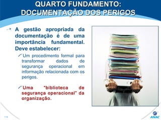 QUARTO FUNDAMENTO:QUARTO FUNDAMENTO:
DOCUMENTAÇÃO DOS PERIGOSDOCUMENTAÇÃO DOS PERIGOS
A gestão apropriada da
documentação é de uma
importância fundamental.
Deve estabelecer:
Um procedimento formal para
transformar dados de
segurança operacional em
informação relacionada com os
perigos.
Uma “biblioteca de
segurança operacional” da
organização.
118
 