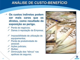 ANÁLISE DE CUSTO-BENEFÍCIOANÁLISE DE CUSTO-BENEFÍCIO
Os custos indiretos podem
ser mais caros que os
diretos, como resultado da
exposição ao perigo.
Perda de negócios;
Danos à reputação da Empresa;
Impossibilidade de utilização de
equipamentos;
Perda de produtividade do
pessoal;
Ações judiciais;
Multas;
Diminuição dos “bônus” nas
apólices de seguros;
140
 