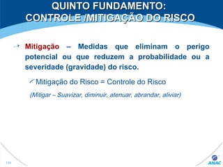QUINTO FUNDAMENTO:QUINTO FUNDAMENTO:
CONTROLE /MITIGAÇÃO DO RISCOCONTROLE /MITIGAÇÃO DO RISCO
Mitigação – Medidas que eliminam o perigo
potencial ou que reduzem a probabilidade ou a
severidade (gravidade) do risco.
Mitigação do Risco = Controle do Risco
(Mitigar – Suavizar, diminuir, atenuar, abrandar, aliviar)
150
 