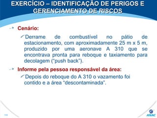 EXERCÍCIO – IDENTIFICAÇÃO DE PERIGOS EEXERCÍCIO – IDENTIFICAÇÃO DE PERIGOS E
GERENCIAMENTO DE RISCOSGERENCIAMENTO DE RISCOS
Cenário:
Derrame de combustível no pátio de
estacionamento, com aproximadamente 25 m x 5 m,
produzido por uma aeronave A 310 que se
encontrava pronta para reboque e taxiamento para
decolagem (“push back”).
Informe pela pessoa responsável da área:
Depois do reboque do A 310 o vazamento foi
contido e a área “descontaminada”.
160
 