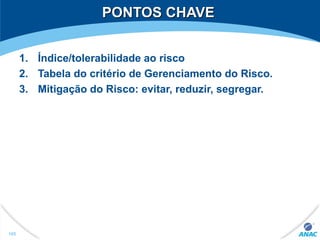 PONTOS CHAVEPONTOS CHAVE
1. Índice/tolerabilidade ao risco
2. Tabela do critério de Gerenciamento do Risco.
3. Mitigação do Risco: evitar, reduzir, segregar.
165
 