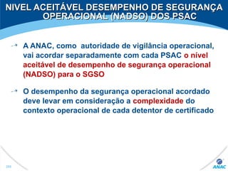 A ANAC, como autoridade de vigilância operacional,
vai acordar separadamente com cada PSAC o nível
aceitável de desempenho de segurança operacional
(NADSO) para o SGSO
O desempenho da segurança operacional acordado
deve levar em consideração a complexidade do
contexto operacional de cada detentor de certificado
205
NIVEL ACEITÁVEL DESEMPENHO DE SEGURANÇANIVEL ACEITÁVEL DESEMPENHO DE SEGURANÇA
OPERACIONAL (NADSO) DOS PSACOPERACIONAL (NADSO) DOS PSAC
 