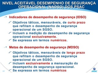 Indicadores de desempenho de segurança (IDSO)
Objetivos táticos, mensuráveis, de curto prazo
que reflitam o desempenho de segurança
operacional de um SGSO.
Incluem a medição do desempenho de segurança
operacional exclusivamente.
Se expressa em termos numéricos.
Metas de desempenho de segurança (MDSO)
Objetivos táticos, mensuráveis de longo prazo
que reflitam o desempenho de segurança
operacional de um SGSO.
Incluem exclusivamente a mensuração do
desempenho de segurança operacional.
Se expressa em termos numéricos207
NIVEL ACEITÁVEL DESEMPENHO DE SEGURANÇANIVEL ACEITÁVEL DESEMPENHO DE SEGURANÇA
OPERACIONAL (NADSO) DOS PSACOPERACIONAL (NADSO) DOS PSAC
 