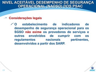 Considerações legais
O estabelecimento de indicadores de
desempenho de segurança operacional para os
SGSO não exime os provedores de serviços e
outros envolvidos de cumprir com os
regulamentos nacionais pertinentes,
desenvolvidos a partir dos SARP.
210
NIVEL ACEITÁVEL DESEMPENHO DE SEGURANÇANIVEL ACEITÁVEL DESEMPENHO DE SEGURANÇA
OPERACIONAL (NADSO) DOS PSACOPERACIONAL (NADSO) DOS PSAC
 