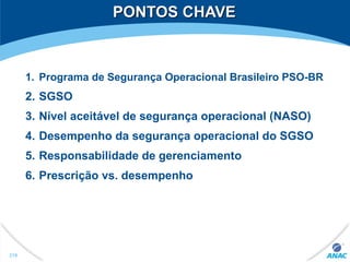 PONTOS CHAVEPONTOS CHAVE
1. Programa de Segurança Operacional Brasileiro PSO-BR
2. SGSO
3. Nível aceitável de segurança operacional (NASO)
4. Desempenho da segurança operacional do SGSO
5. Responsabilidade de gerenciamento
6. Prescrição vs. desempenho
219
 