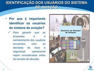 IDENTIFICAÇÃO DOS USUÁRIOS DO SISTEMAIDENTIFICAÇÃO DOS USUÁRIOS DO SISTEMA
DE AVIAÇÃODE AVIAÇÃO
Por que é importante
identificar os usuários
do sistema de aviação?
Para garantir que as
propostas e o
conhecimento dos usuários
envolvidos com as
decisões do risco à
segurança operacional
sejam consideradas antes
da tomada de decisão.
Usuários do Sistema
de Aviação
224
 