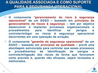 A QUALIDADE ASSOCIADA E COMO SUPORTEA QUALIDADE ASSOCIADA E COMO SUPORTE
PARA A SEGURANÇA OPERACIONALPARA A SEGURANÇA OPERACIONAL
O componente “gerenciamento do risco à segurança
operacional” de um SGSO – baseado em princípios de
gerenciamento de riscos à segurança – tem por objetivo
desenvolver e implantar processos organizacionais e
procedimentos para identificar os perigos e
controlar/mitigar os riscos à segurança operacional
decorrentes em uma operação da aviação.
O componente “garantia da segurança operacional” de um
SGSO – baseado em princípios de qualidade – provê uma
abordagem estruturada para controlar que esses processos
e procedimentos de identificação de perigos e
controle/mitigação dos riscos de forma que funcionem
como previsto e, quando não eficazes, sejam revisados e
melhorados.
233
 
