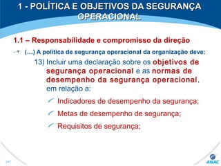 1.1 – Responsabilidade e compromisso da direção
(…) A política de segurança operacional da organização deve:
13) Incluir uma declaração sobre os objetivos de
segurança operacional e as normas de
desempenho da segurança operacional,
em relação a:
Indicadores de desempenho da segurança;
Metas de desempenho de segurança;
Requisitos de segurança;
1 - POLÍTICA E OBJETIVOS DA SEGURANÇA1 - POLÍTICA E OBJETIVOS DA SEGURANÇA
OPERACIONALOPERACIONAL
247
 