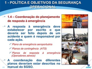 1 - POLÍTICA E OBJETIVOS DA SEGURANÇA1 - POLÍTICA E OBJETIVOS DA SEGURANÇA
OPERACIONALOPERACIONAL
1.4 – Coordenação do planejamento
de resposta à emergência
A resposta à emergência deve
estabelecer por escrito o que
deveria ser feito depois de um
acidente e quem é responsável por
cada ação.
Plano de emergência aeroportuária
Planos de contingência (ATS)
Planos de resposta à emergência
(Operadores aéreos)
A coordenação dos diferentes
planos deveriam estar descritas no
manual do SGSO.259
 
