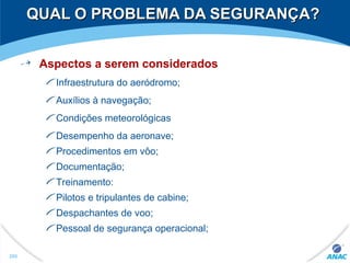 QUAL O PROBLEMA DA SEGURANÇA?QUAL O PROBLEMA DA SEGURANÇA?
Aspectos a serem considerados
Infraestrutura do aeródromo;
Auxílios à navegação;
Condições meteorológicas
Desempenho da aeronave;
Procedimentos em vôo;
Documentação;
Treinamento:
Pilotos e tripulantes de cabine;
Despachantes de voo;
Pessoal de segurança operacional;
280
 