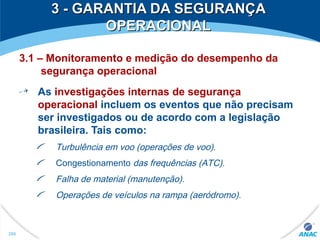 3 - GARANTIA DA SEGURANÇA3 - GARANTIA DA SEGURANÇA
OPERACIONALOPERACIONAL
3.1 – Monitoramento e medição do desempenho da
segurança operacional
As investigações internas de segurança
operacional incluem os eventos que não precisam
ser investigados ou de acordo com a legislação
brasileira. Tais como:
Turbulência em voo (operações de voo).
Congestionamento das frequências (ATC).
Falha de material (manutenção).
Operações de veículos na rampa (aeródromo).
298
 