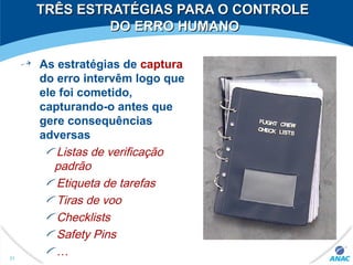 TRÊS ESTRATÉGIAS PARA O CONTROLETRÊS ESTRATÉGIAS PARA O CONTROLE
DO ERRO HUMANODO ERRO HUMANO
As estratégias de captura
do erro intervêm logo que
ele foi cometido,
capturando-o antes que
gere consequências
adversas
Listas de verificação
padrão
Etiqueta de tarefas
Tiras de voo
Checklists
Safety Pins
…31
 