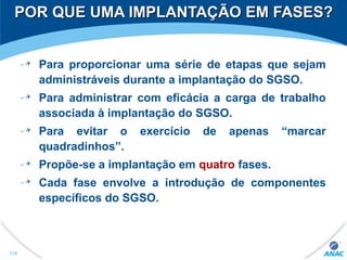 POR QUE UMA IMPLANTAÇÃO EM FASES?POR QUE UMA IMPLANTAÇÃO EM FASES?
Para proporcionar uma série de etapas que sejam
administráveis durante a implantação do SGSO.
Para administrar com eficácia a carga de trabalho
associada à implantação do SGSO.
Para evitar o exercício de apenas “marcar
quadradinhos”.
Propõe-se a implantação em quatro fases.
Cada fase envolve a introdução de componentes
específicos do SGSO.
319
 