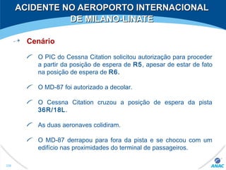 Cenário
O PIC do Cessna Citation solicitou autorização para proceder
a partir da posição de espera de R5, apesar de estar de fato
na posição de espera de R6.
O MD-87 foi autorizado a decolar.
O Cessna Citation cruzou a posição de espera da pista
36R/18L.
As duas aeronaves colidiram.
O MD-87 derrapou para fora da pista e se chocou com um
edifício nas proximidades do terminal de passageiros.
ACIDENTE NO AEROPORTO INTERNACIONALACIDENTE NO AEROPORTO INTERNACIONAL
DE MILANO-LINATEDE MILANO-LINATE
336
 