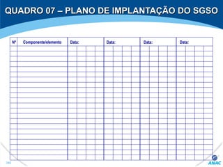 QUADRO 07 – PLANO DE IMPLANTAÇÃO DO SGSOQUADRO 07 – PLANO DE IMPLANTAÇÃO DO SGSO
Nº Componente/elemento Data: Data: Data: Data:
346
 