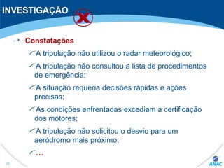 INVESTIGAÇÃO
Constatações
A tripulação não utilizou o radar meteorológico;
A tripulação não consultou a lista de procedimentos
de emergência;
A situação requeria decisões rápidas e ações
precisas;
As condições enfrentadas excediam a certificação
dos motores;
A tripulação não solicitou o desvio para um
aeródromo mais próximo;
...
45
 