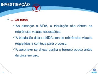 INVESTIGAÇÃOINVESTIGAÇÃO
... Os fatos
Ao alcançar a MDA, a tripulação não obtém as
referências visuais necessárias;
A tripulação deixa a MDA sem as referências visuais
requeridas e continua para o pouso;
A aeronave se choca contra o terreno pouco antes
da pista em uso;
50
 
