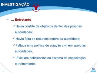 INVESTIGAÇÃOINVESTIGAÇÃO
… Entretanto
Havia conflito de objetivos dentro das próprias
autoridades;
Havia falta de recursos dentro da autoridade;
Faltava uma política de aviação civil em apoio às
autoridades;
Existiam deficiências no sistema de capacitação
e treinamento;
54
 
