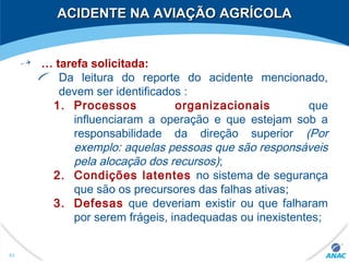 … tarefa solicitada:
Da leitura do reporte do acidente mencionado,
devem ser identificados :
1. Processos organizacionais que
influenciaram a operação e que estejam sob a
responsabilidade da direção superior (Por
exemplo: aquelas pessoas que são responsáveis
pela alocação dos recursos);
2. Condições latentes no sistema de segurança
que são os precursores das falhas ativas;
3. Defesas que deveriam existir ou que falharam
por serem frágeis, inadequadas ou inexistentes;
63
ACIDENTE NA AVIAÇÃO AGRÍCOLAACIDENTE NA AVIAÇÃO AGRÍCOLA
 