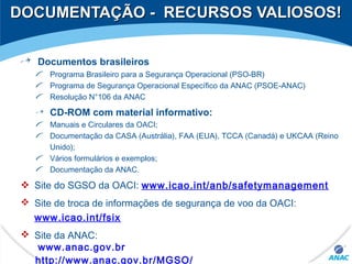 DOCUMENTAÇÃO - RECURSOS VALIOSOS!DOCUMENTAÇÃO - RECURSOS VALIOSOS!
Documentos brasileiros
Programa Brasileiro para a Segurança Operacional (PSO-BR)
Programa de Segurança Operacional Específico da ANAC (PSOE-ANAC)
Resolução N°106 da ANAC
CD-ROM com material informativo:
Manuais e Circulares da OACI;
Documentação da CASA (Austrália), FAA (EUA), TCCA (Canadá) e UKCAA (Reino
Unido);
Vários formulários e exemplos;
Documentação da ANAC.
 Site do SGSO da OACI: www.icao.int/anb/safetymanagement
 Site de troca de informações de segurança de voo da OACI:
www.icao.int/fsix
 Site da ANAC:
www.anac.gov.br
http://www.anac.gov.br/MGSO/
 