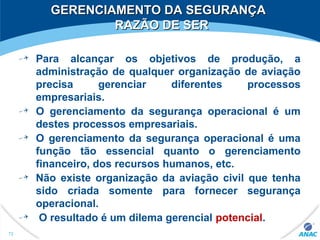 GERENCIAMENTO DA SEGURANÇAGERENCIAMENTO DA SEGURANÇA
RAZÃO DE SERRAZÃO DE SER
72
Para alcançar os objetivos de produção, a
administração de qualquer organização de aviação
precisa gerenciar diferentes processos
empresariais.
O gerenciamento da segurança operacional é um
destes processos empresariais.
O gerenciamento da segurança operacional é uma
função tão essencial quanto o gerenciamento
financeiro, dos recursos humanos, etc.
Não existe organização da aviação civil que tenha
sido criada somente para fornecer segurança
operacional.
O resultado é um dilema gerencial potencial.
 